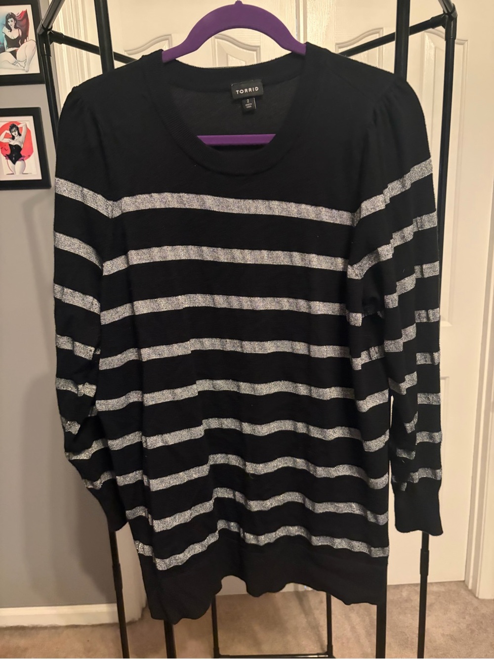 torrid Black Crewneck Sweater with Silver Stripes